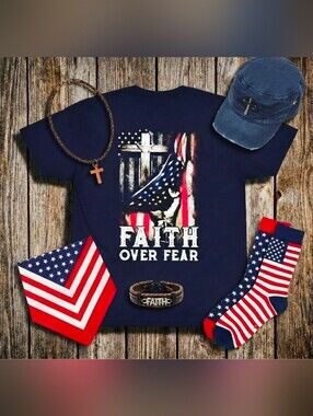 Faith Over Fear Christian Patriotic Tee • American Flag Cross Shirt •
